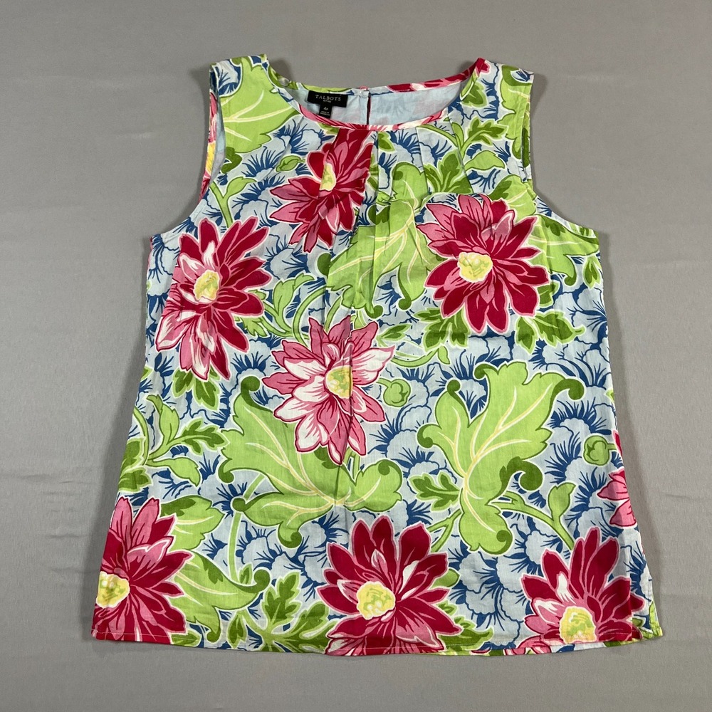 Talbots Tank Top Women 4 Petite Multicolor Floral Cotton Keyhole Back Sleeveless